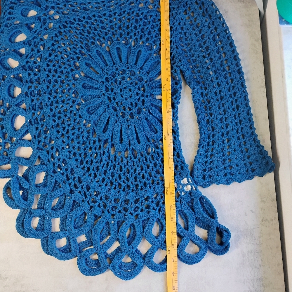 Tempo Paris Asymmetrical Open Knit Top Womens Medium Blue Crochet Boho Lagenlook - Picture 8 of 10